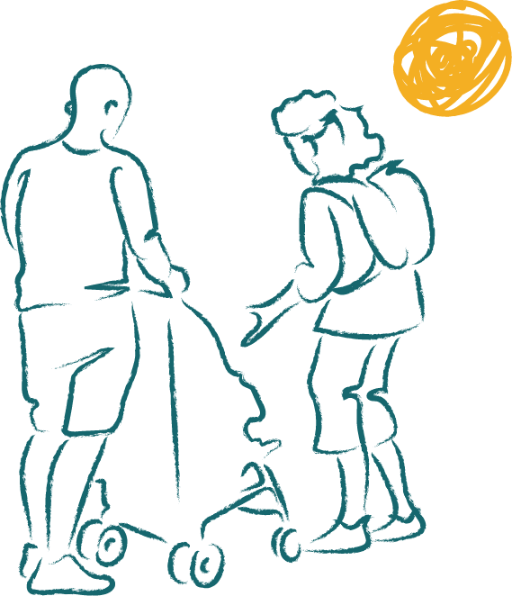 Illustration of parents pushing child in stroller