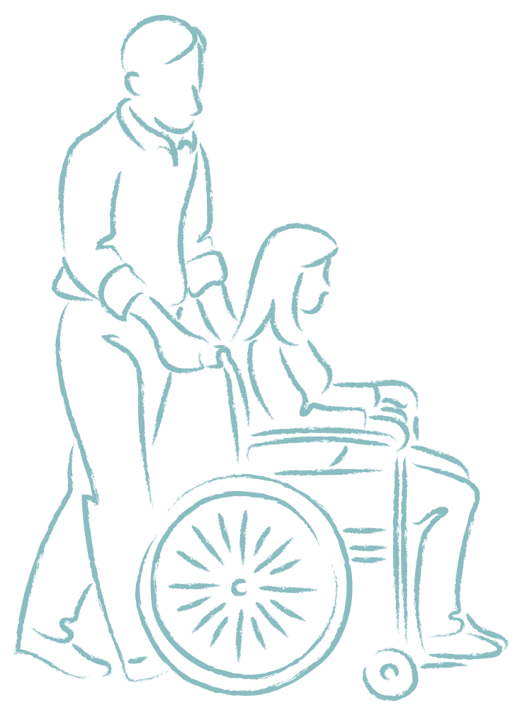 Man pushing woman in wheelchair.