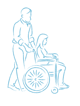 Man pushing woman in wheelchair.